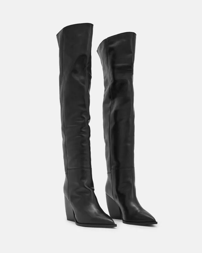 Reina Over Knee Leather Heeled Boots Black Women AllSaints Shoes and Boots