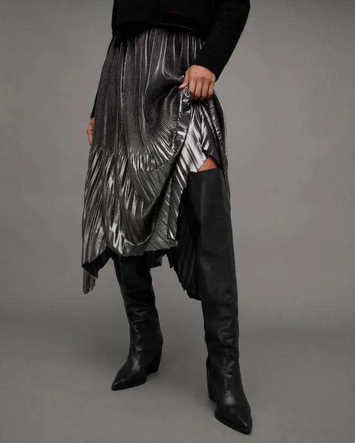 Reina Over Knee Leather Heeled Boots Black Women AllSaints Shoes and Boots