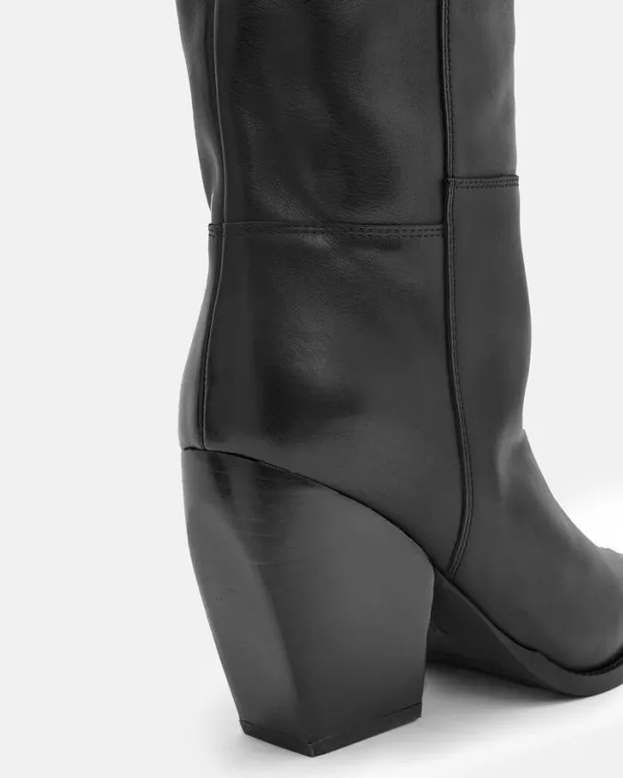 Reina Over Knee Leather Heeled Boots Black Women AllSaints Shoes and Boots