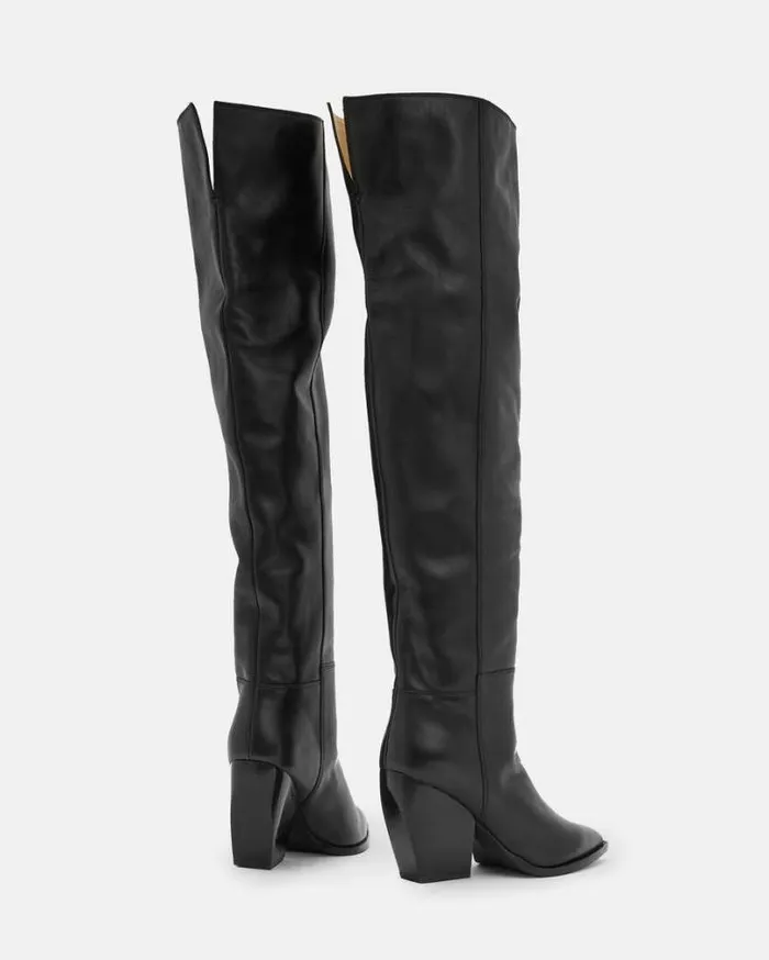 Reina Over Knee Leather Heeled Boots Black Women AllSaints Shoes and Boots