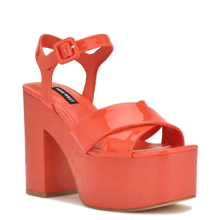 Rilay Platform Sandals Orange Patent Women Nine West Heeled Rilay Platform Sandals Orange Patent Women Nine West Heeled