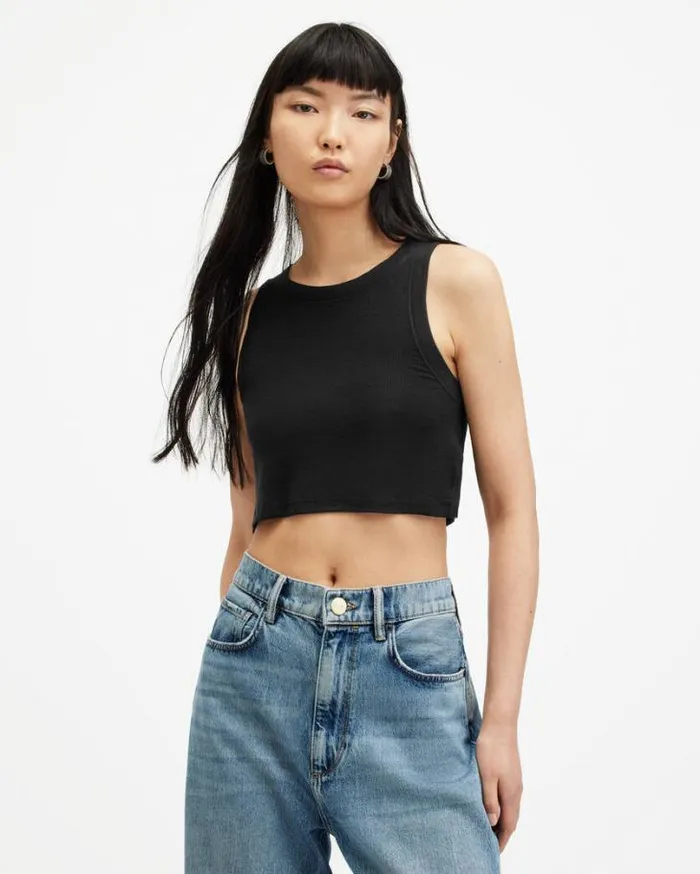 Rina Cropped Sleeveless Tank Top Black Women AllSaints TShirts