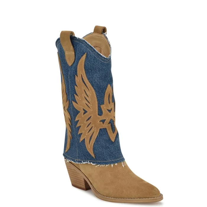 Ringer Detailed Western Boots Denimnatural Suede Women Nine West Boots and Booties Ringer Detailed Western Boots Denimnatural Suede Women Nine West Boots and Booties