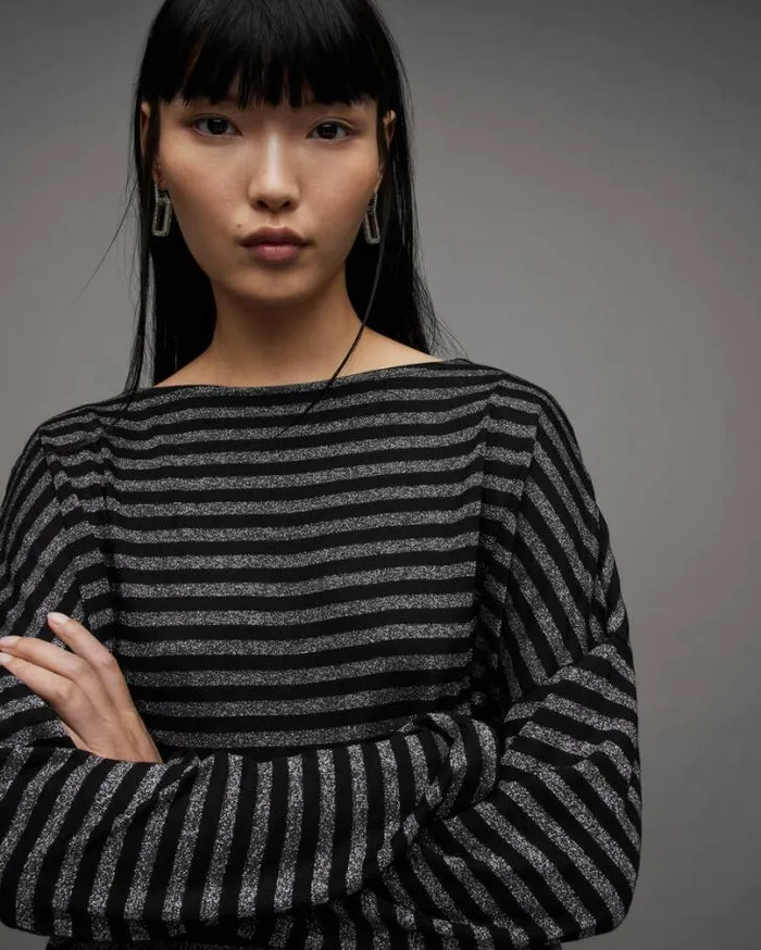 Rita Oversized Striped TShirt Blacksilver Women AllSaints Tops and Shirts
