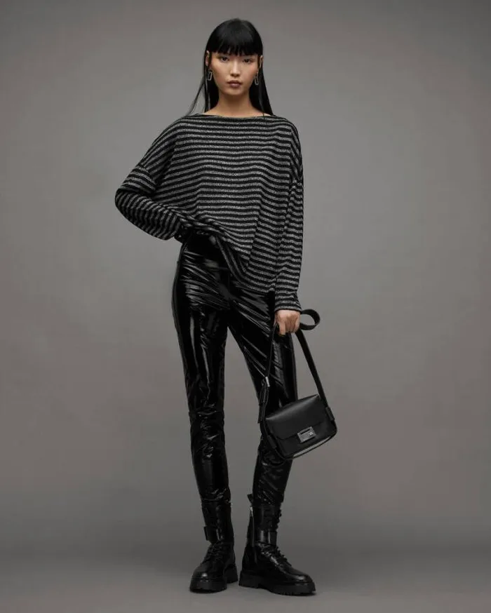 Rita Oversized Striped TShirt Blacksilver Women AllSaints Tops and Shirts