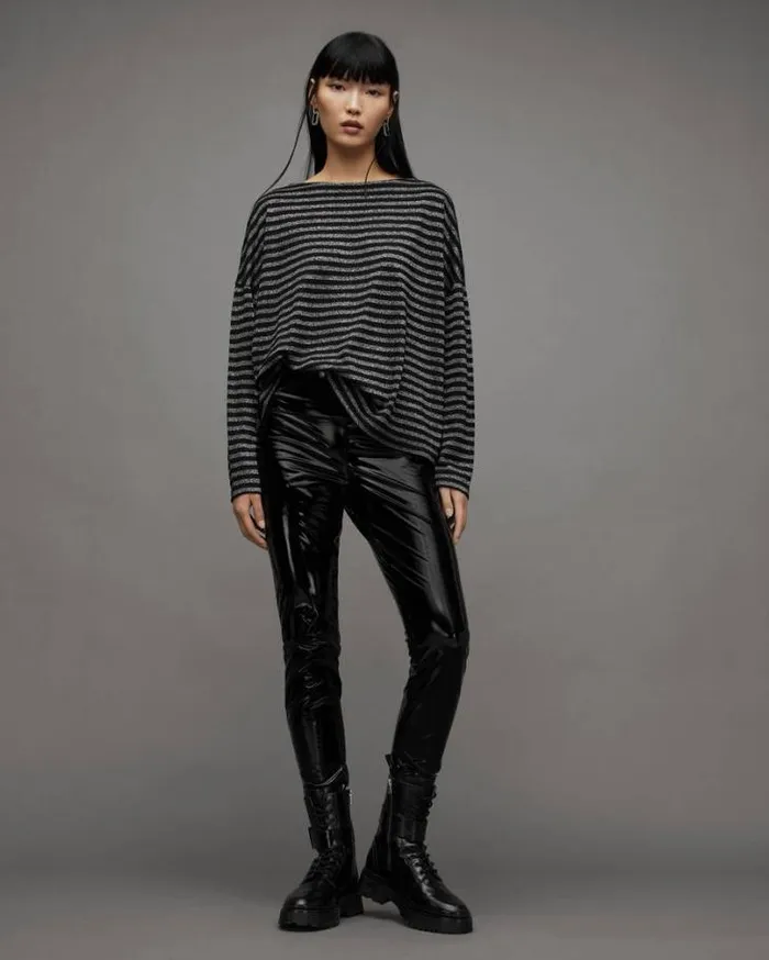 Rita Oversized Striped TShirt Blacksilver Women AllSaints Tops and Shirts