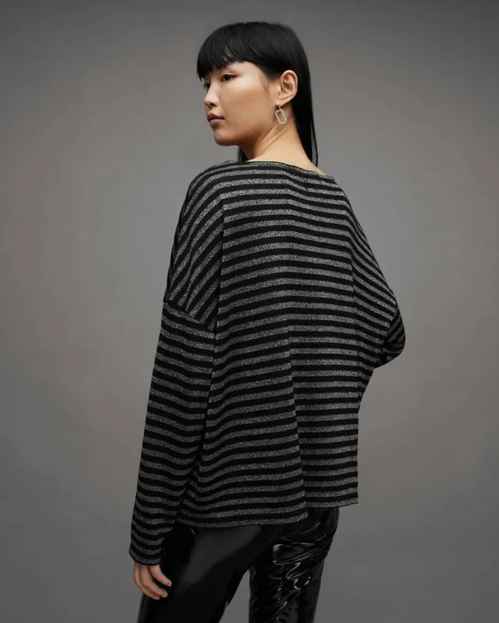 Rita Oversized Striped TShirt Blacksilver Women AllSaints Tops and Shirts