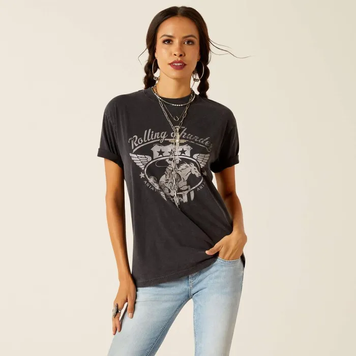 Rolling Thunder TShirt Black Acid Wash Women Ariat TShirts and Tops