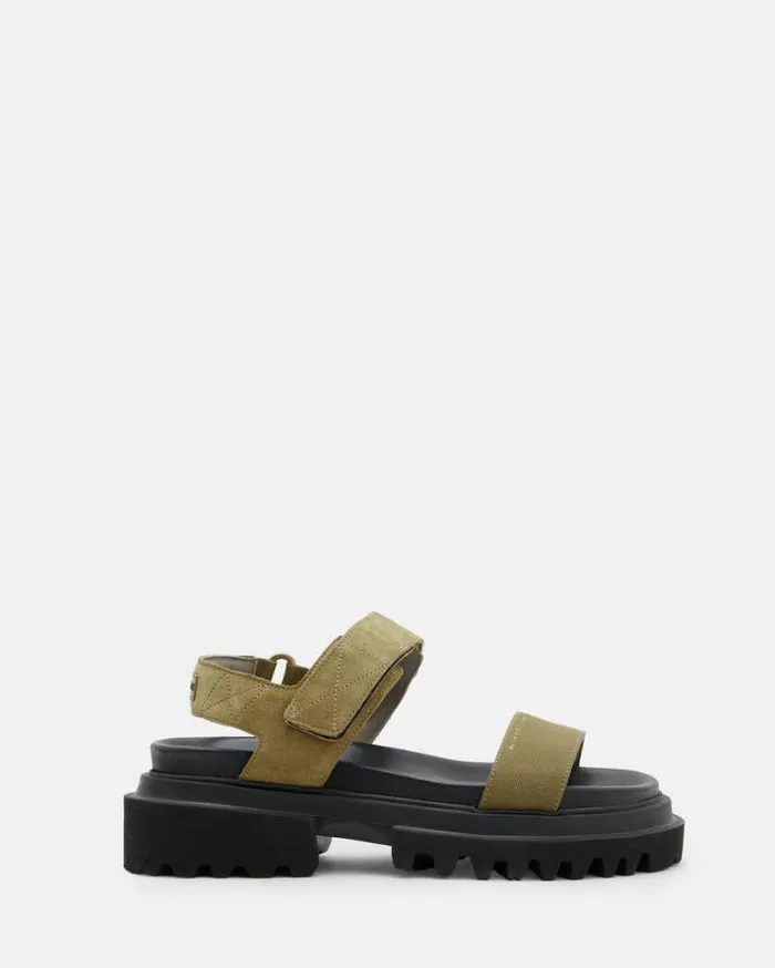 Rory Chunky Suede Velcro Sandals Khaki Green Women AllSaints Shoes and Boots