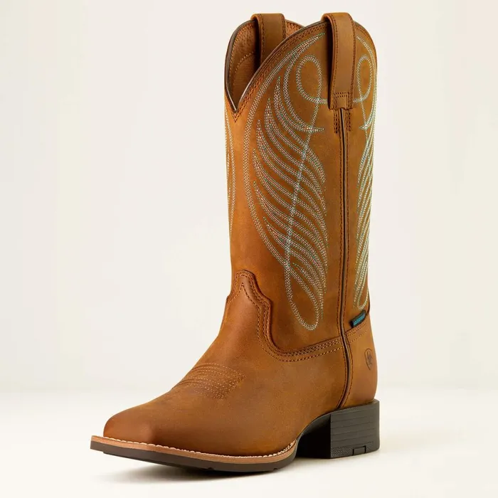 Round Up Wide Square Toe Waterproof Western Boot Distressed Brown Women Ariat Western Boots