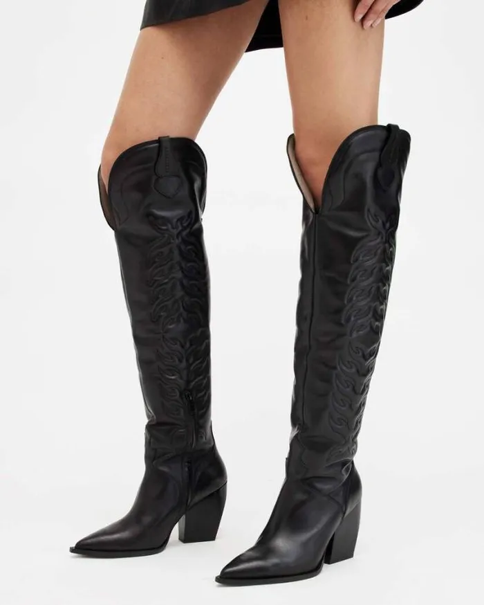 Roxanne Knee High Western Leather Boots Black Women AllSaints Shoes and Boots Roxanne Knee High Western Leather Boots Black Women AllSaints Shoes and Boots