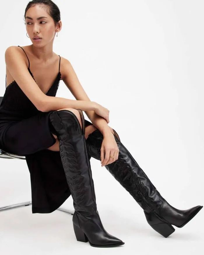 Roxanne Knee High Western Leather Boots Black Women AllSaints Shoes and Boots Roxanne Knee High Western Leather Boots Black Women AllSaints Shoes and Boots