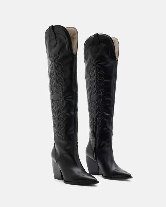 Roxanne Knee High Western Leather Boots Black Women AllSaints Shoes and Boots Roxanne Knee High Western Leather Boots Black Women AllSaints Shoes and Boots