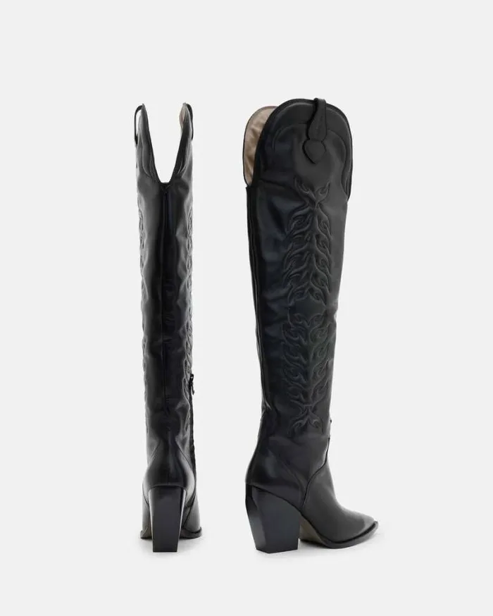Roxanne Knee High Western Leather Boots Black Women AllSaints Shoes and Boots Roxanne Knee High Western Leather Boots Black Women AllSaints Shoes and Boots