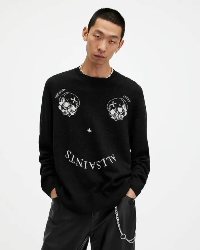 Smile Saints Oversized Crew Sweater Cinder Blackecru Men AllSaints Sweaters