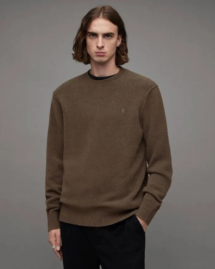 Statten Ramskull Crew Neck Sweater Ash Khaki Green Men AllSaints Sweatshirts and Hoodies