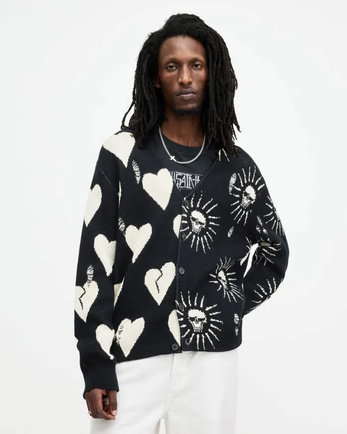 Sunbreak Jacquard Motif Relaxed Cardigan Black Men AllSaints Sweaters