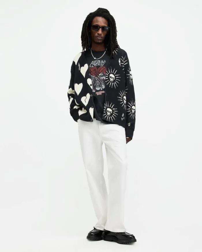 Sunbreak Jacquard Motif Relaxed Cardigan Black Men AllSaints Sweaters