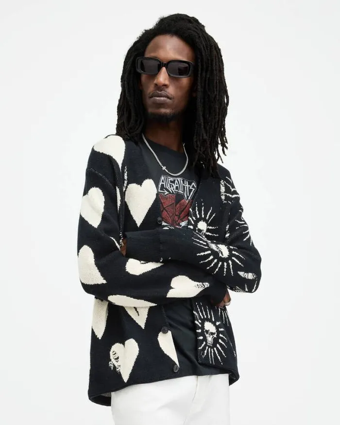 Sunbreak Jacquard Motif Relaxed Cardigan Black Men AllSaints Sweaters