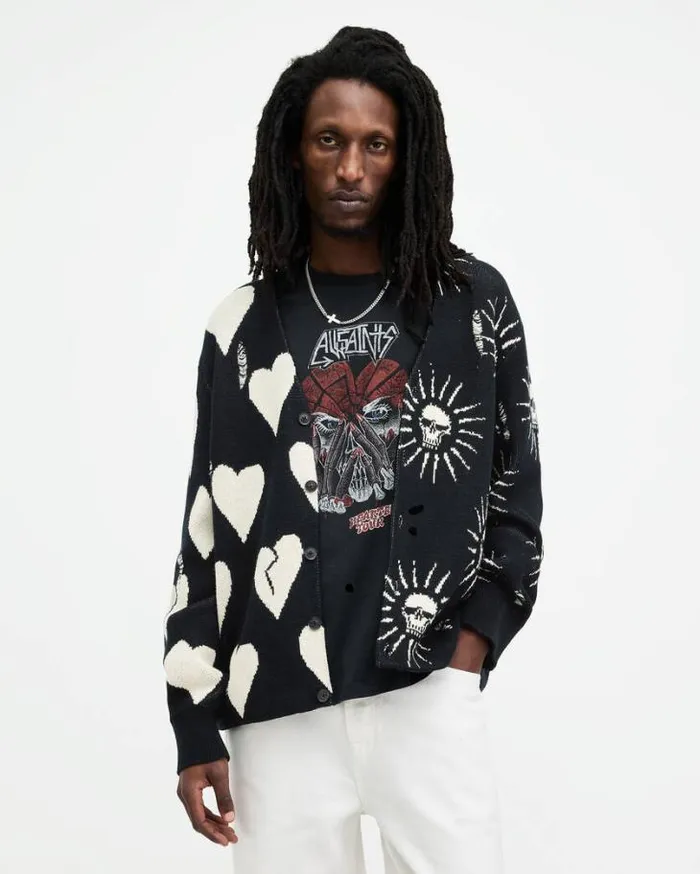 Sunbreak Jacquard Motif Relaxed Cardigan Black Men AllSaints Sweaters