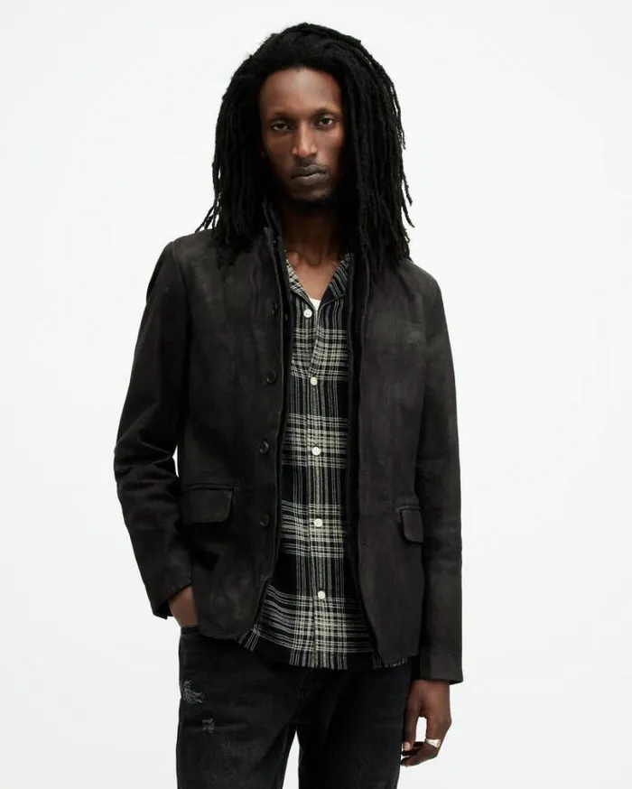 Survey Waxed Suede Double Layer Blazer Anthracite Grey Men AllSaints Jackets and Coats
