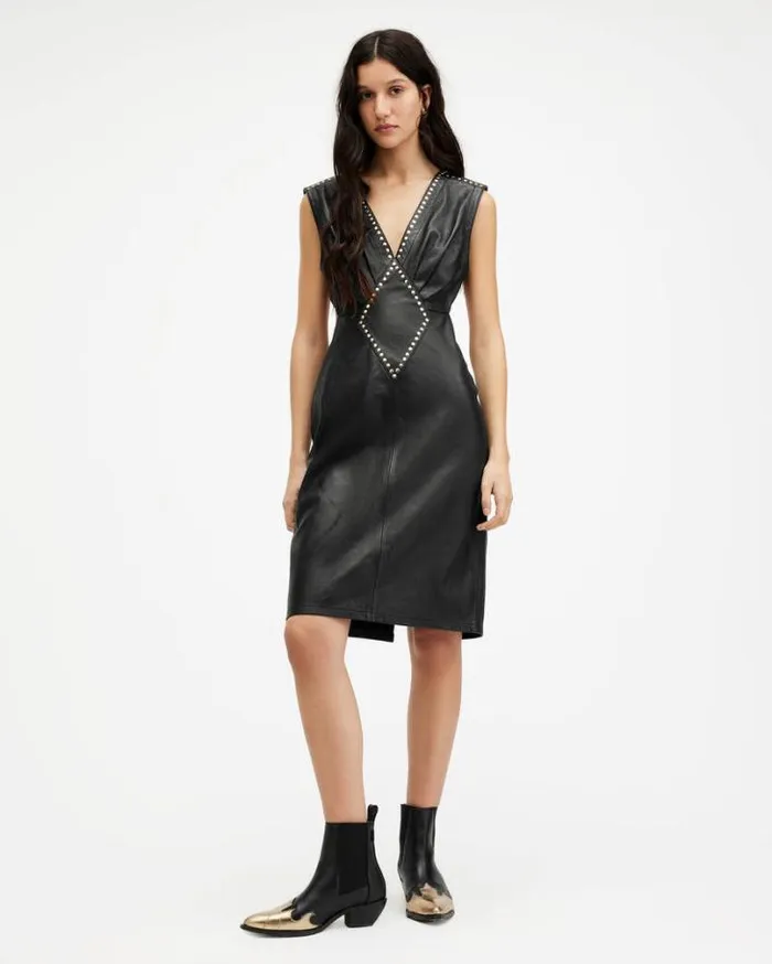 Syla Leather Studded Mini Dress Black Women AllSaints Dresses
