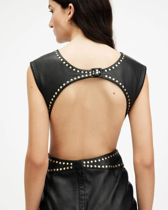 Syla Leather Studded Mini Dress Black Women AllSaints Dresses