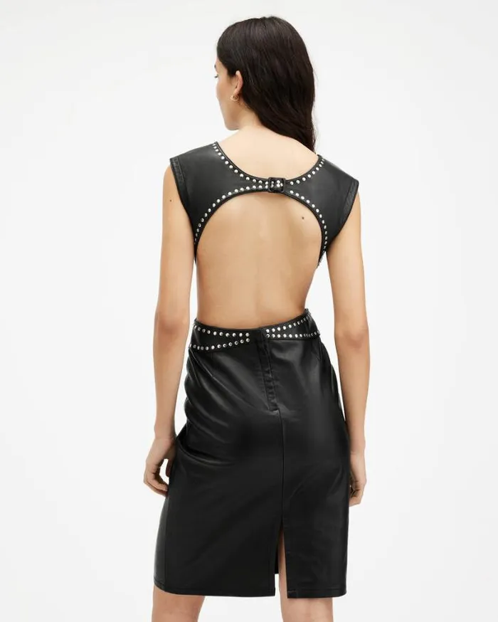 Syla Leather Studded Mini Dress Black Women AllSaints Dresses