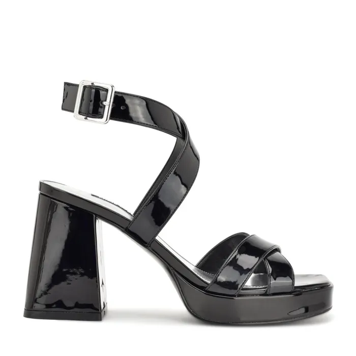 Tackle Ankle Strap Platform Sandals Black Patent Women Nine West Mid Heels
