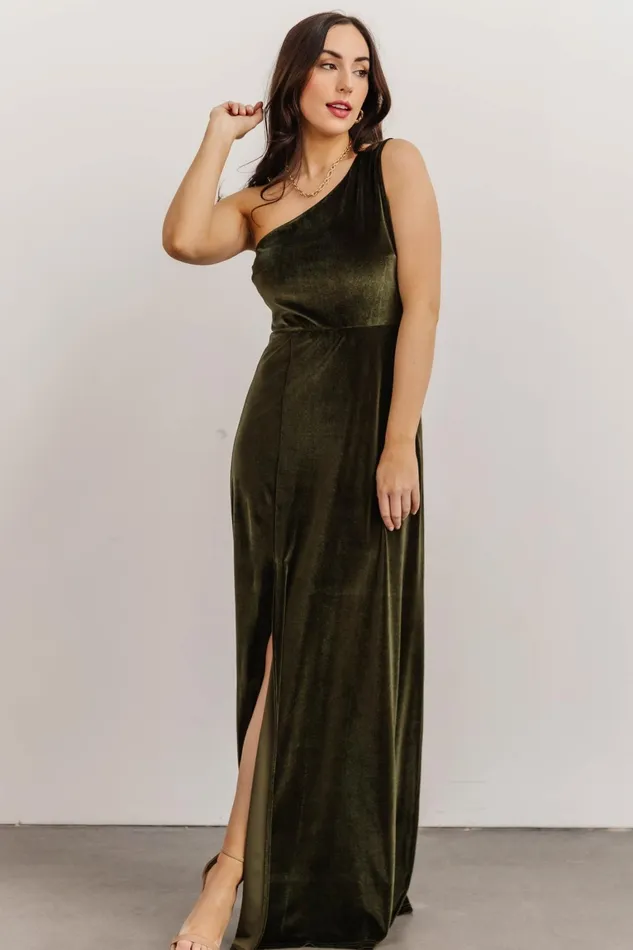 Tatiana Velvet One Shoulder Maxi Dress Olive Women Baltic Born Wedding Guest Tatiana Velvet One Shoulder Maxi Dress Olive Women Baltic Born Wedding Guest