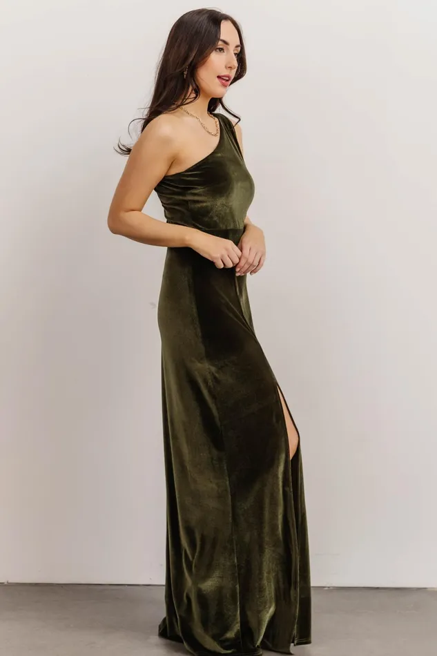 Tatiana Velvet One Shoulder Maxi Dress Olive Women Baltic Born Wedding Guest Tatiana Velvet One Shoulder Maxi Dress Olive Women Baltic Born Wedding Guest