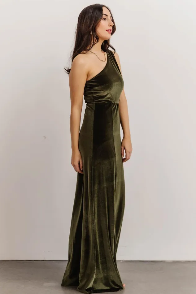 Tatiana Velvet One Shoulder Maxi Dress Olive Women Baltic Born Wedding Guest Tatiana Velvet One Shoulder Maxi Dress Olive Women Baltic Born Wedding Guest