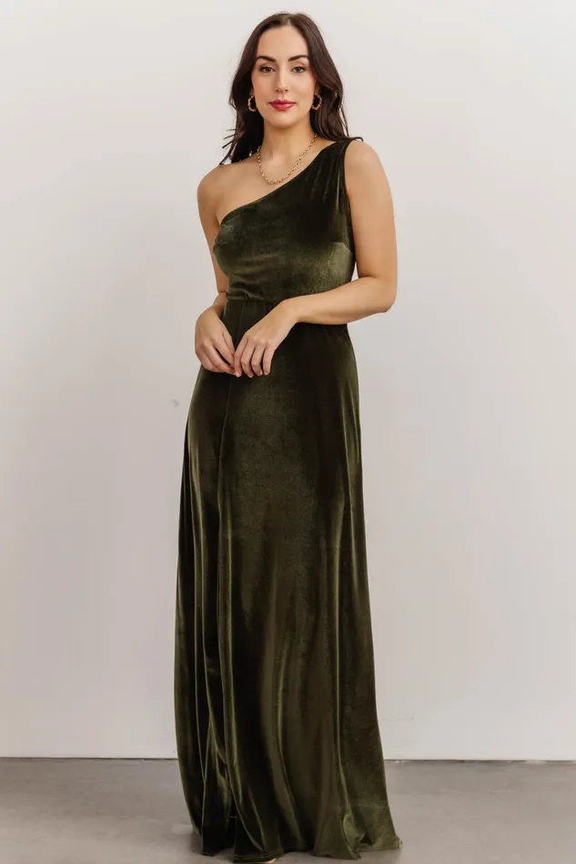 Tatiana Velvet One Shoulder Maxi Dress Olive Women Baltic Born Wedding Guest Tatiana Velvet One Shoulder Maxi Dress Olive Women Baltic Born Wedding Guest