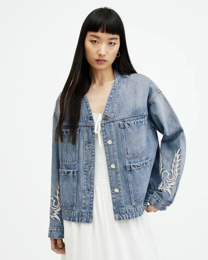 Terri Embroidered Denim Workwear Jacket Mid Indigo Women AllSaints Jackets and Coats