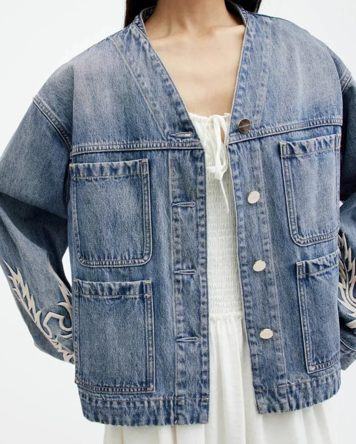 Terri Embroidered Denim Workwear Jacket Mid Indigo Women AllSaints Jackets and Coats Terri Embroidered Denim Workwear Jacket Mid Indigo Women AllSaints Jackets and Coats