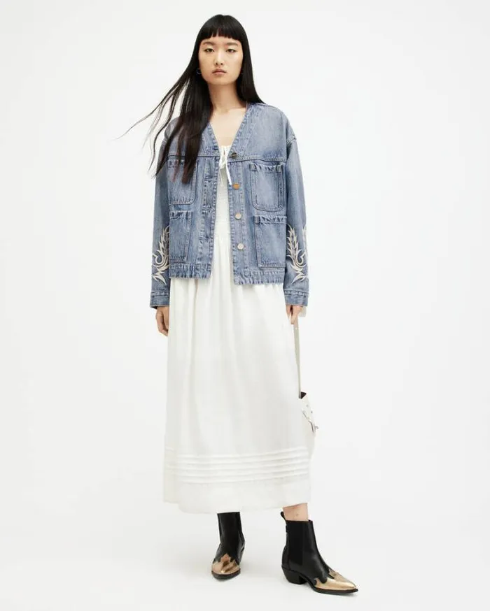 Terri Embroidered Denim Workwear Jacket Mid Indigo Women AllSaints Jackets and Coats Terri Embroidered Denim Workwear Jacket Mid Indigo Women AllSaints Jackets and Coats
