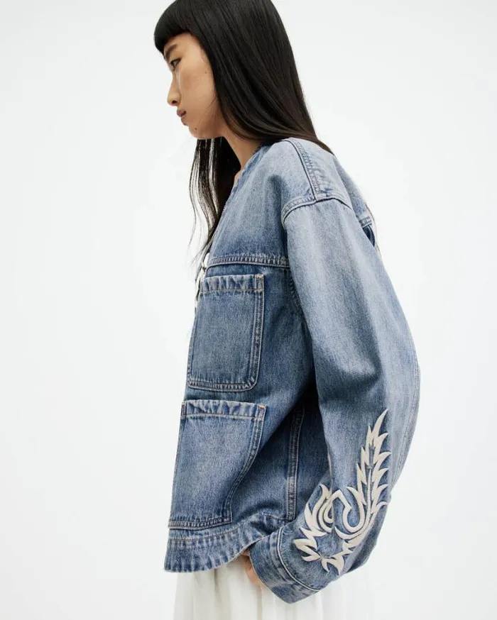 Terri Embroidered Denim Workwear Jacket Mid Indigo Women AllSaints Jackets and Coats Terri Embroidered Denim Workwear Jacket Mid Indigo Women AllSaints Jackets and Coats