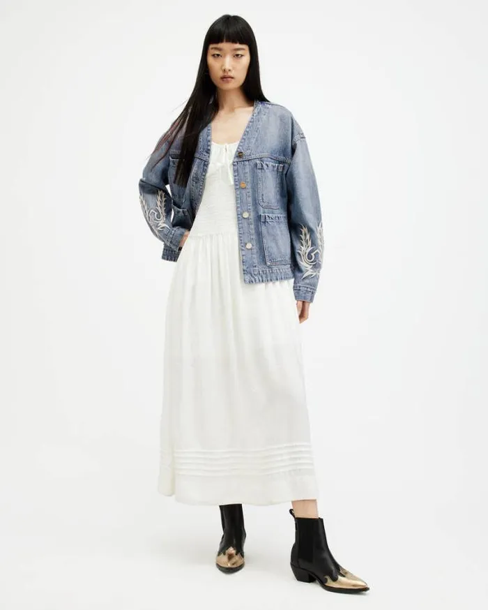 Terri Embroidered Denim Workwear Jacket Mid Indigo Women AllSaints Jackets and Coats Terri Embroidered Denim Workwear Jacket Mid Indigo Women AllSaints Jackets and Coats