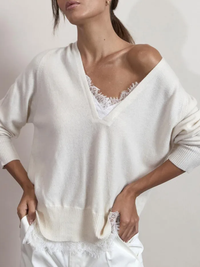 The Lace Vee Looker Pullover Ivory With White Lace Women Brochu Walker Sweaters