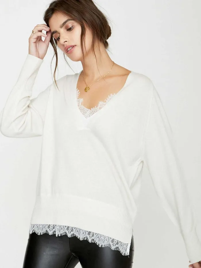 The Lace Vee Looker Pullover Ivory With White Lace Women Brochu Walker Sweaters