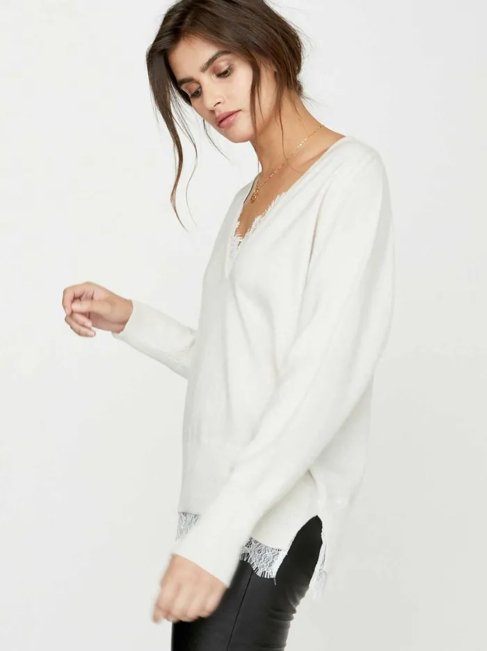 The Lace Vee Looker Pullover Ivory With White Lace Women Brochu Walker Sweaters