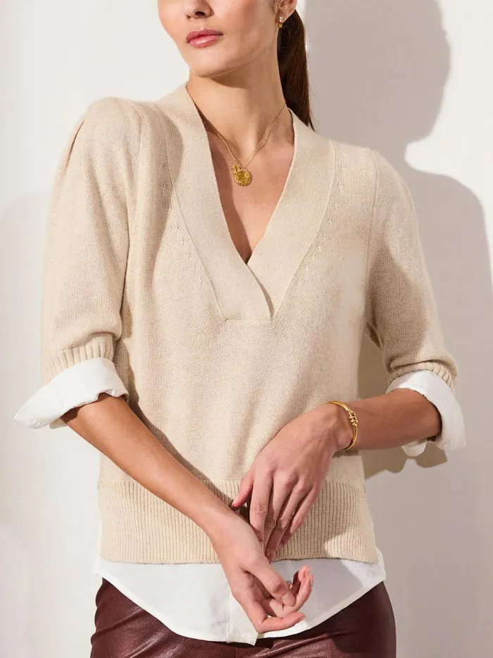 The Lucie Layered Vee Looker Bisque With White Underlayer Women Brochu Walker Sweaters