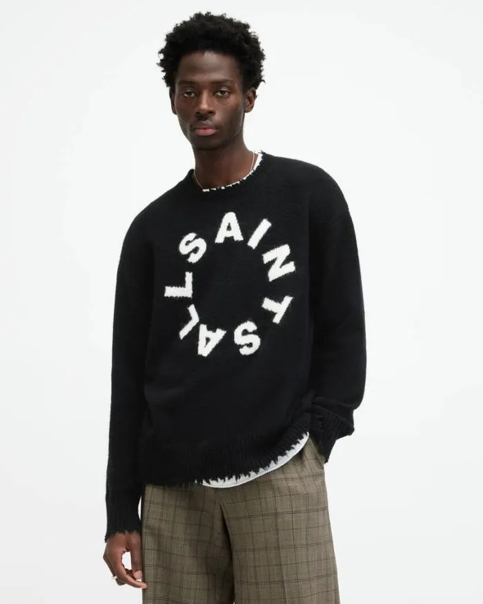 Tiago Circular Logo Brushed Crew Jumper Black Men AllSaints Sweaters