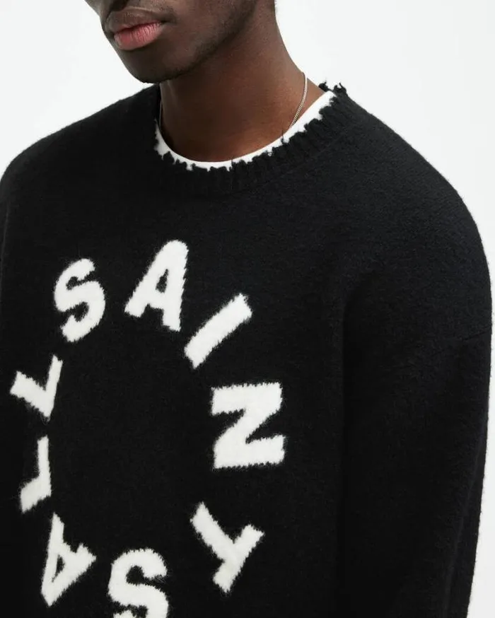 Tiago Circular Logo Brushed Crew Jumper Black Men AllSaints Sweaters