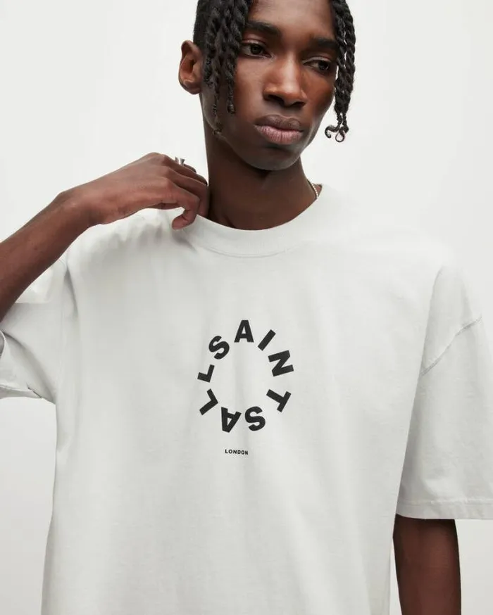 Tierra Oversized Crew Neck Logo TShirt Cool Grey Men AllSaints TShirts