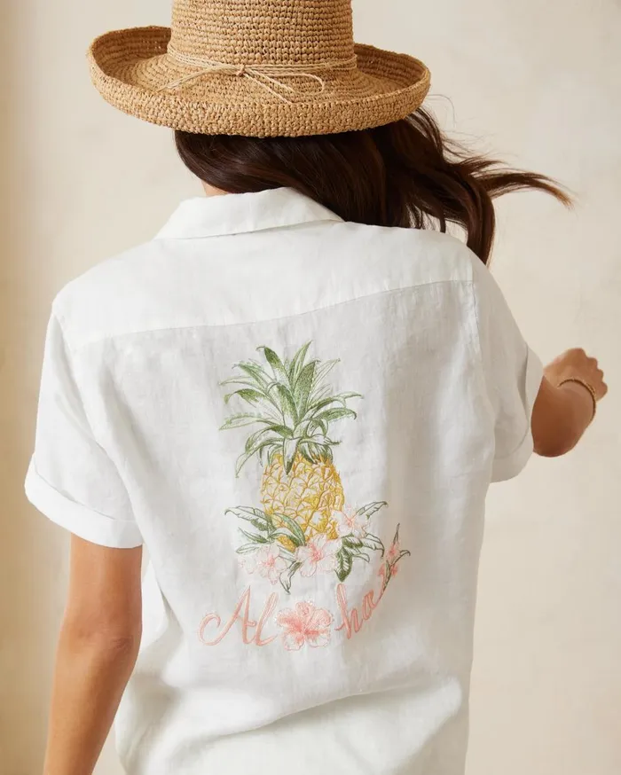 Tommy Bahama Pineapple Paradise Coastalina Linen Camp Shirt White Women Tops and Shirts