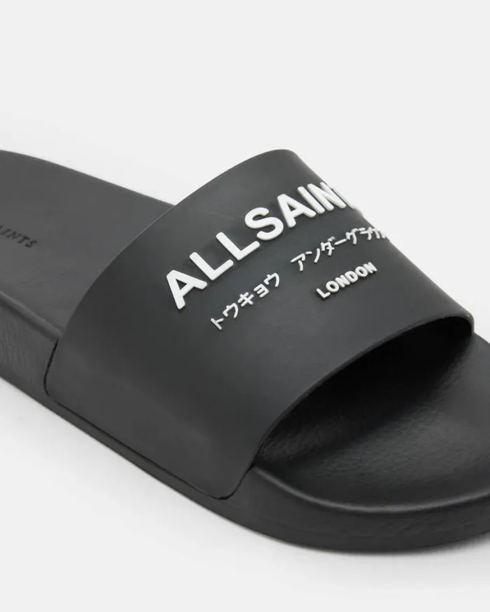 Underground Logo Slip On Slides Black Women AllSaints Swimwear and Beachwear Underground Logo Slip On Slides Black Women AllSaints Swimwear and Beachwear