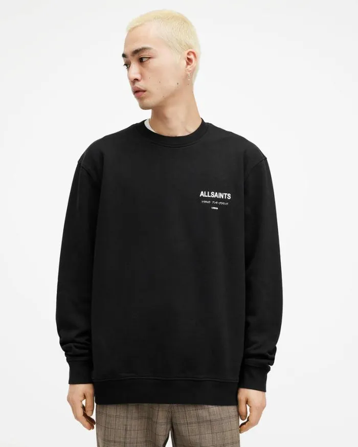 Underground Oversized Crew Sweatshirt Jet Black Men AllSaints Sweatshirts and Hoodies