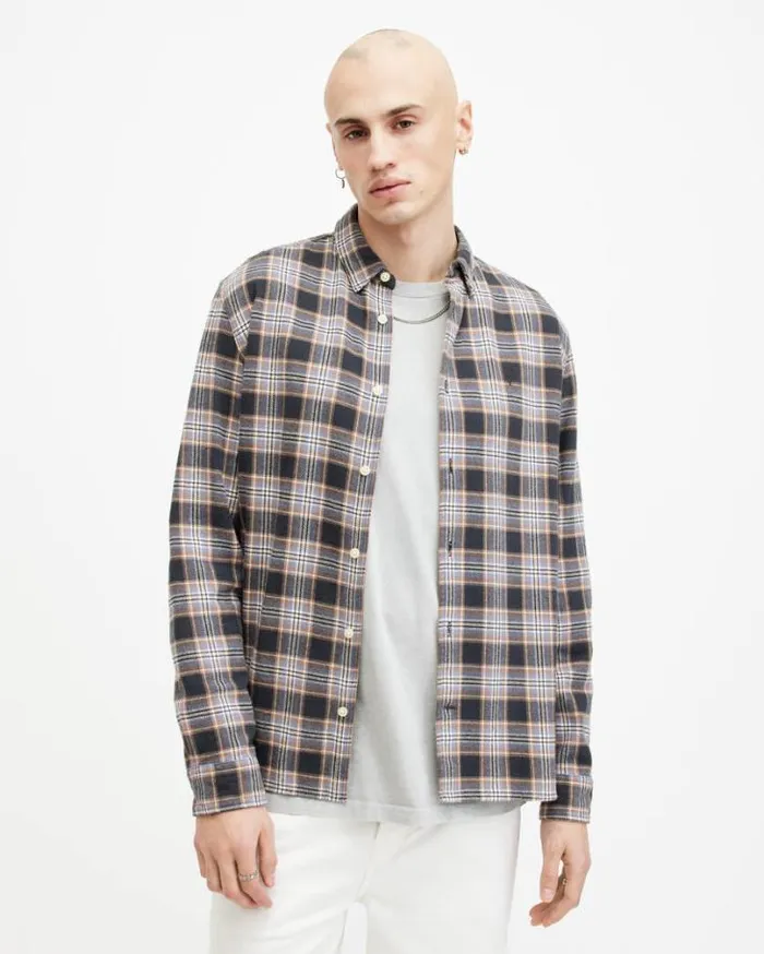 Ventana Checked Relaxed Fit Shirt Marine Blue Men AllSaints Shirts