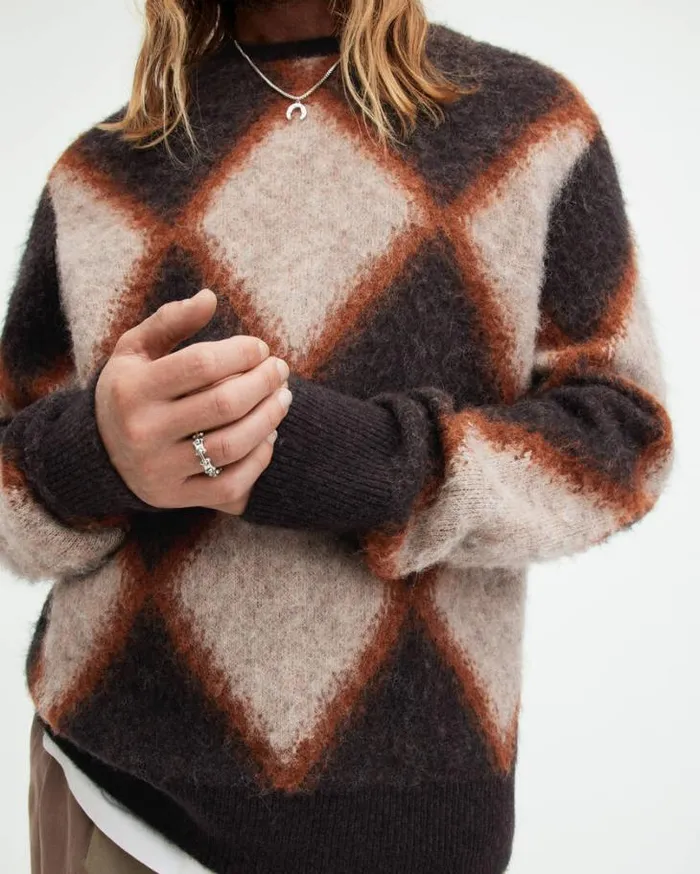 Viper Diamond Jacquard Brushed Jumper Bitter Brown Men AllSaints Sweaters